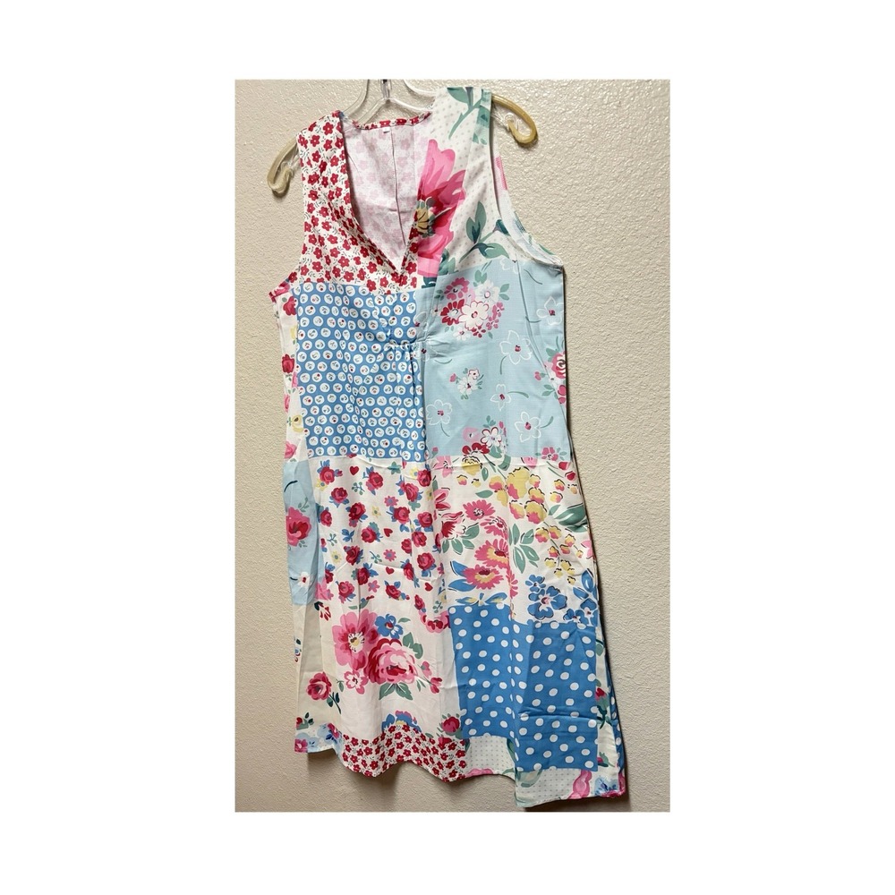 Woven Cotton Multicolor Patchwork Floral Shift Dress V-Neck Sleeveless Pockets L
